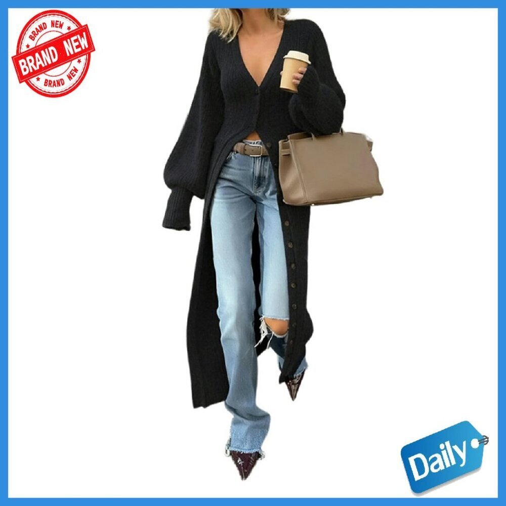V-Neck Button Down Long Cardigan, Chunky Knit Maxi Sweater Dress